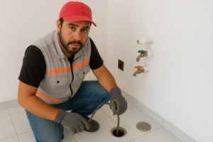 Plomero destapando coladera Fleximatic tapada con herramienta