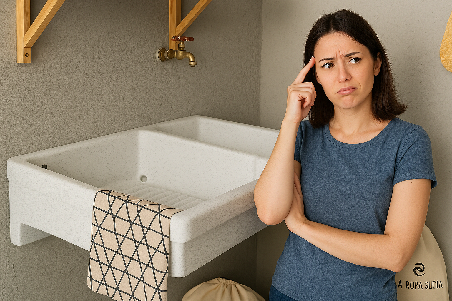 Mujer pensando qué lavadero elegir, comparando el lavadero Fleximatic con otras opciones