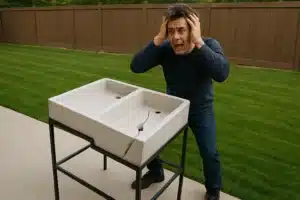 Hombre preocupado frente a lavadero roto con grietas, ideal para ilustrar cuándo elegir un lavadero Fleximatic nuevo