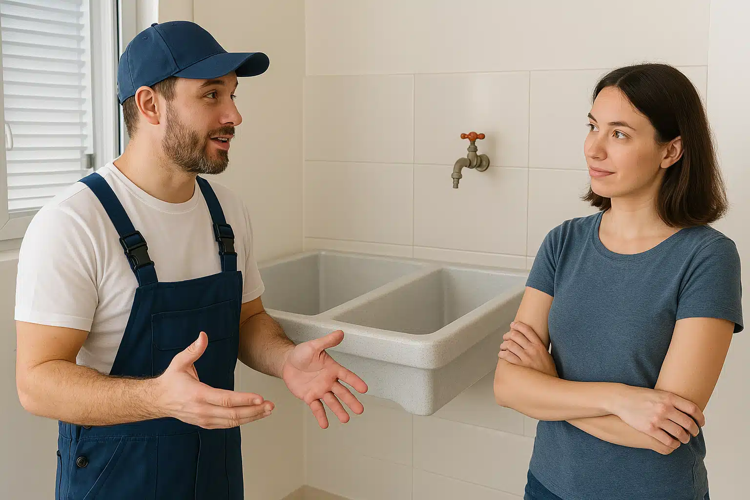 Plomero asesorando a clienta sobre la instalación del lavadero Fleximatic