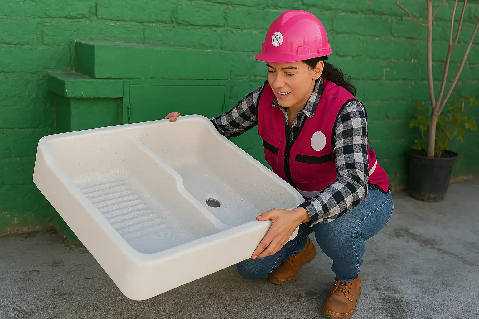 Plomero levantando lavadero Fleximatic con pileta doble