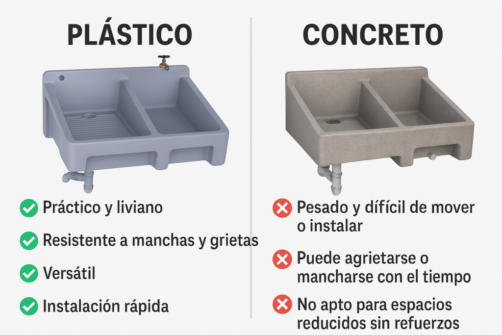 Comparación entre lavadero Fleximatic de plástico y lavadero de concreto con ventajas y desventajas