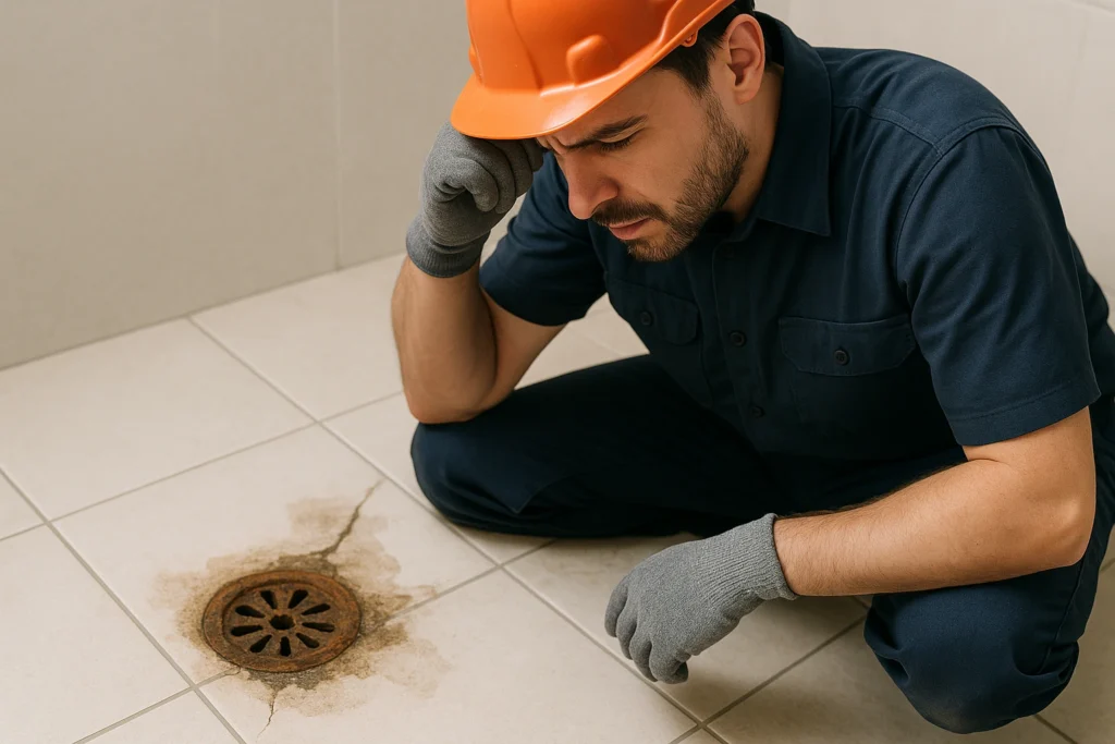 plomero inspeccionando coladera dañada con filtraciones