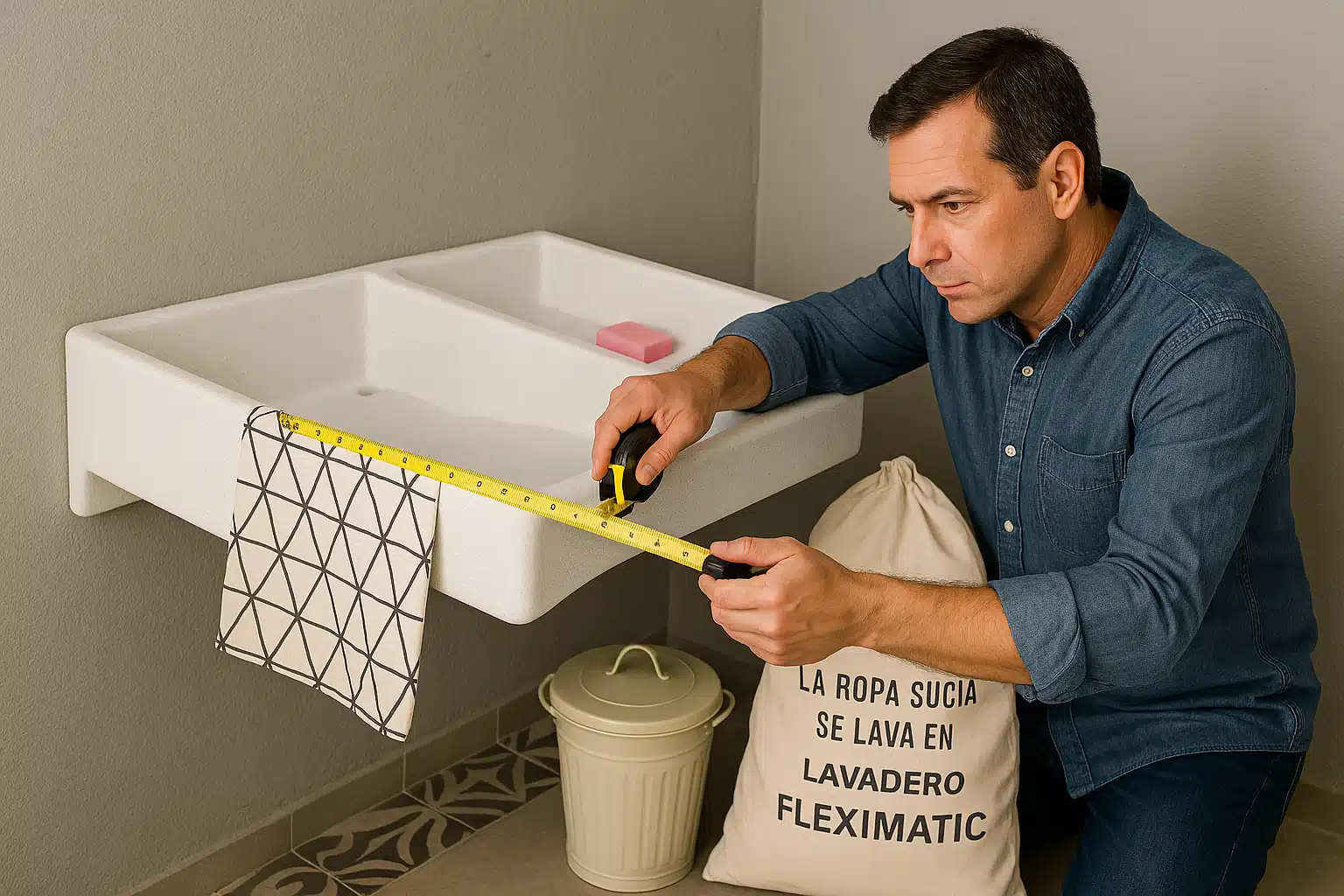 Hombre midiendo el tamaño del lavadero Fleximatic instalado en pared con cinta métrica