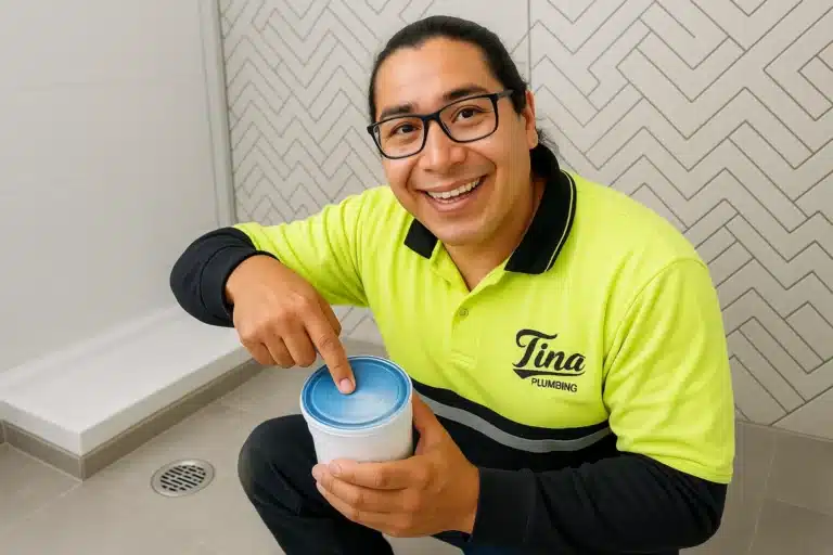 Plomero mostrando coladera Fleximatic para instalación en baño.