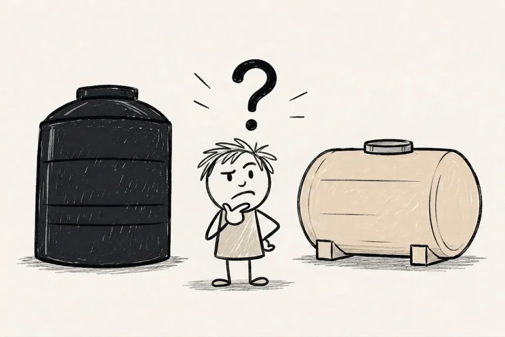 Ilustración de un hombre pensando entre un tinaco y una cisterna de 5000 litros de Grupo Casher en Querétaro.