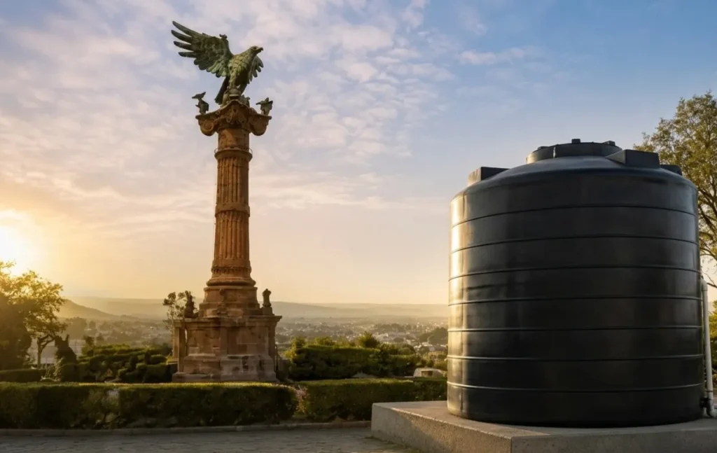 Tinaco negro de gran capacidad instalado en un mirador con vista panorámica al monumento del águila en San Juan del Río, Querétaro.