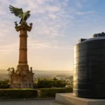 Tinaco negro de gran capacidad instalado en un mirador con vista panorámica al monumento del águila en San Juan del Río, Querétaro.