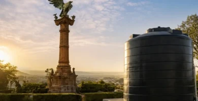 Tinaco negro de gran capacidad instalado en un mirador con vista panorámica al monumento del águila en San Juan del Río, Querétaro.