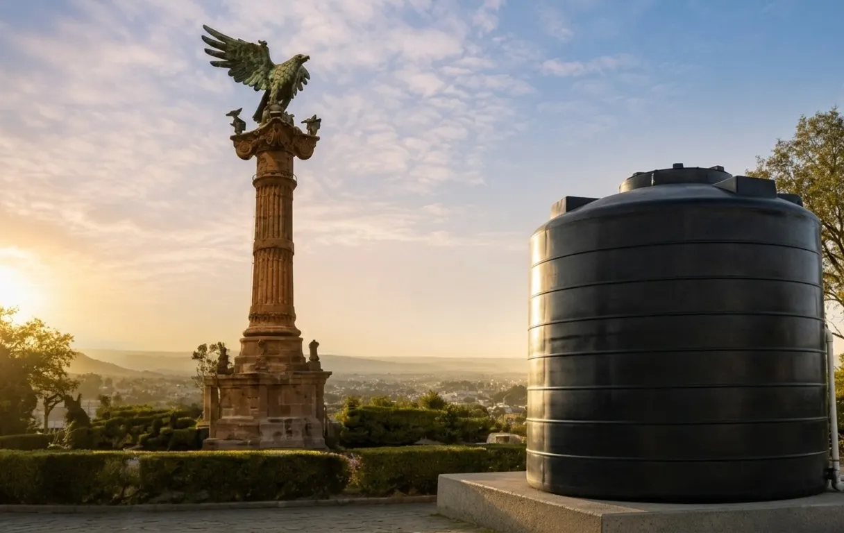 Tinaco negro de gran capacidad instalado en un mirador con vista panorámica al monumento del águila en San Juan del Río, Querétaro.