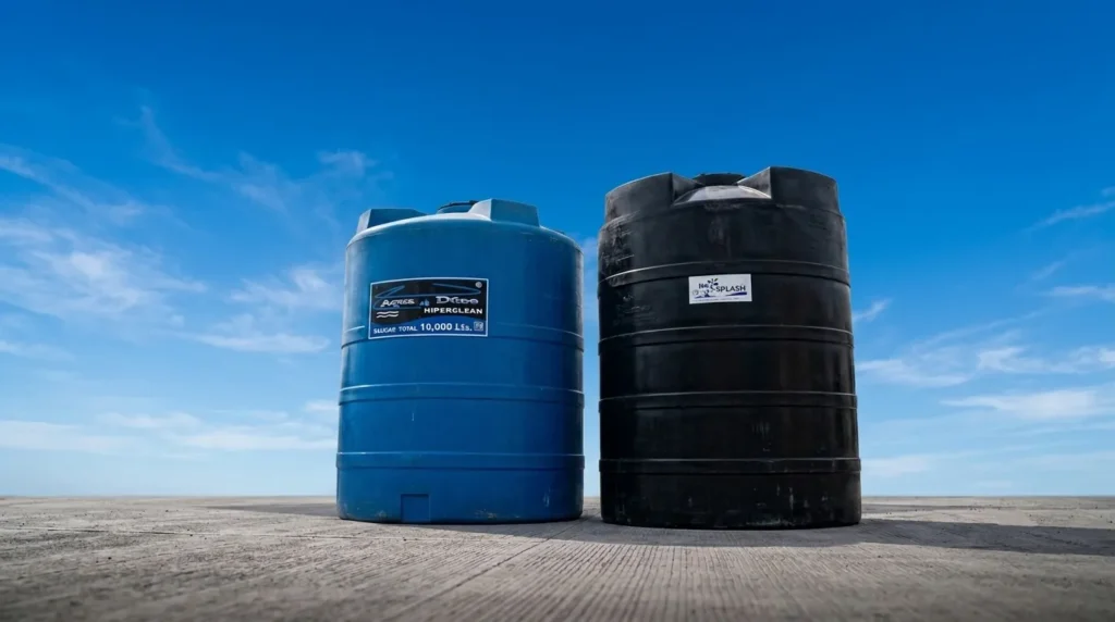Tinaco azul y cisterna negra de 10000 litros de Grupo Casher en Querétaro.